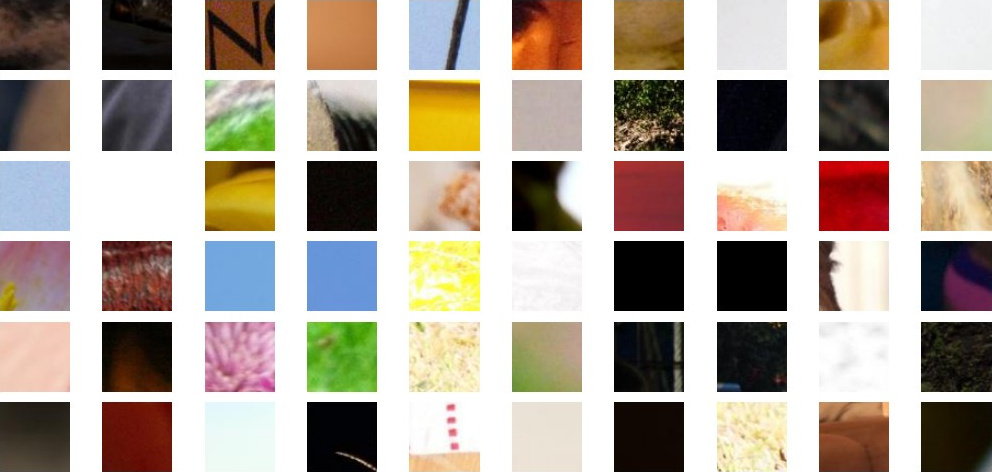 Grid of sixty small image patches that are mostly flat, blurred, dark or washed out